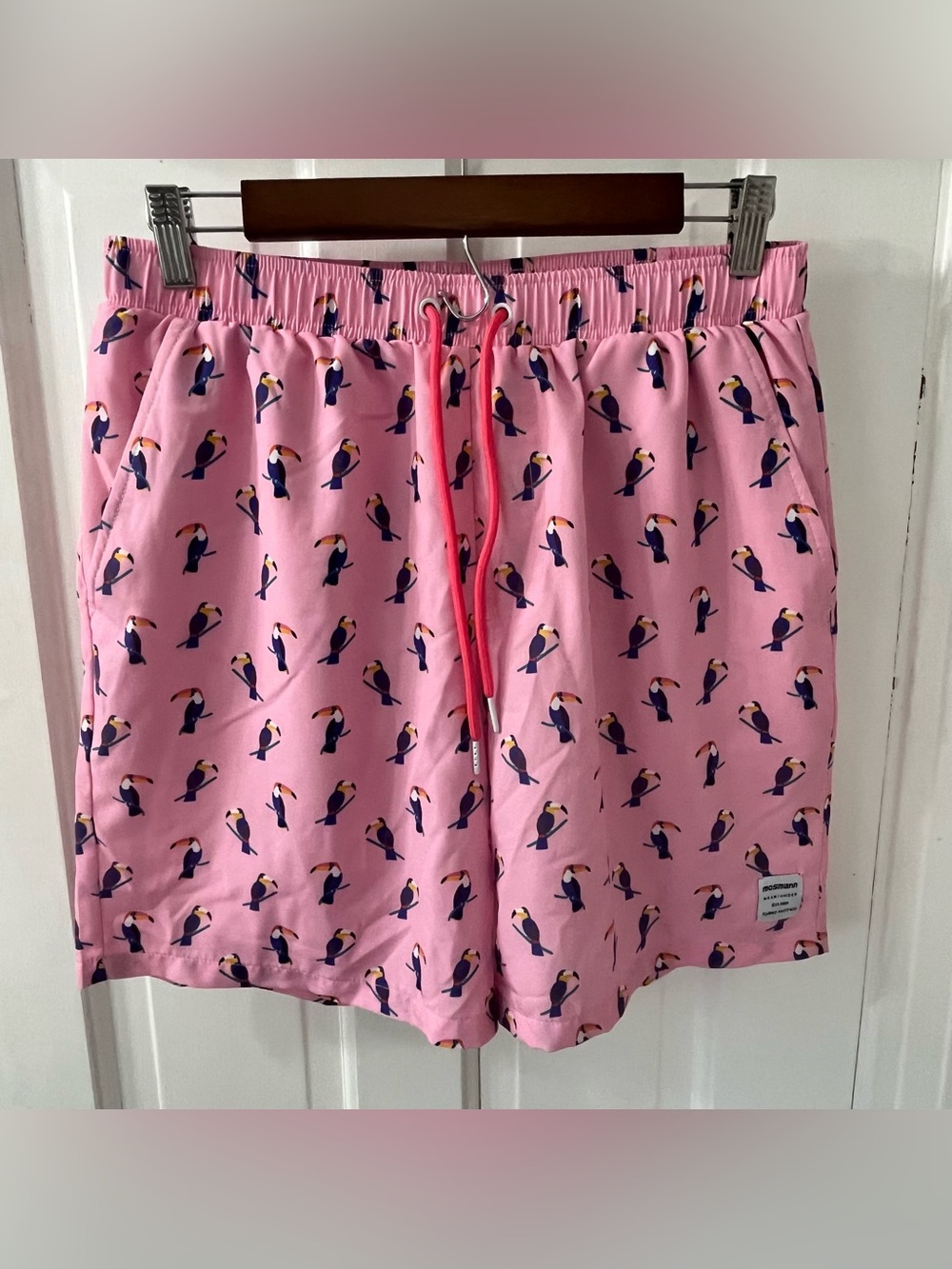Mosmann Men's Pink Toucan Print Swim Trunks - Elastic Waist